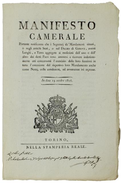 MANIFESTO CAMERALE In data 19 ottobre 1816  [documento originale] - copertina