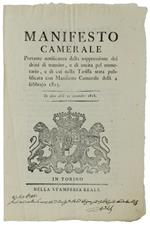 MANIFESTO CAMERALE Portante notificanza della soppressione dei diritti di transito, e di uscita pel numerario...21 settembre 1816  [documento originale]