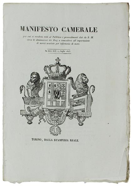 MANIFESTO CAMERALE per cui si rendono noti i dazj per l'importazione di merci avariate per infortunio di mare. ... 14 luglio 1823  [documento originale] - copertina