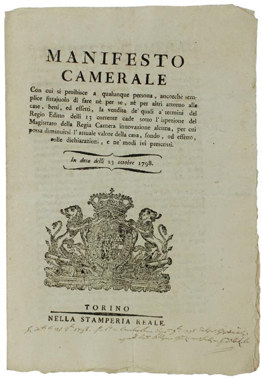 MANIFESTO CAMERALE con cui si proibisce... di vendere beni, ed effetti ... con diminuzione del valore della casa e del fondo ... 23 ottobre 1798  [documento originale] - copertina