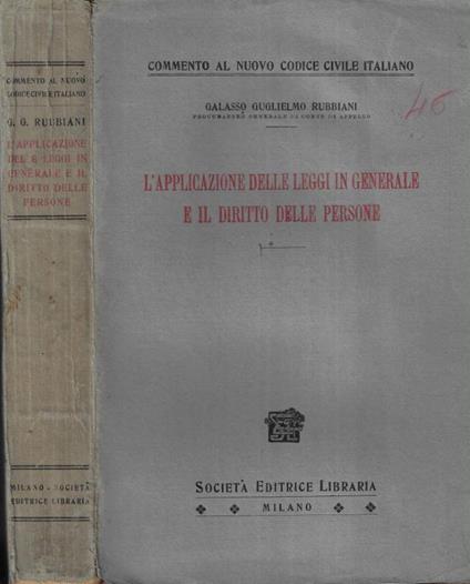 L' applicazione delle leggi in generale e il diritto delle persone - copertina