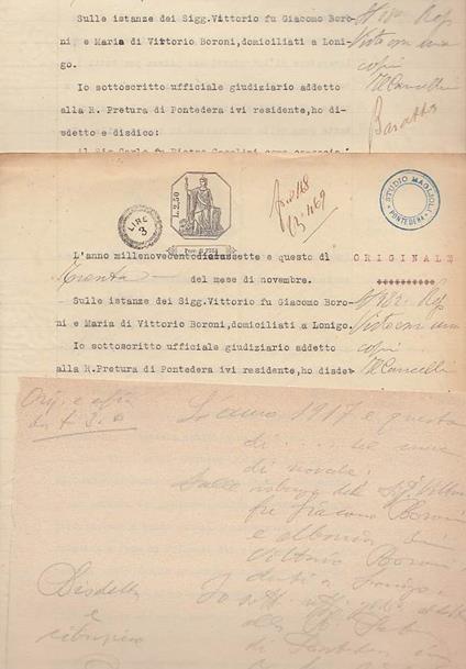Documenti Su Carta Bollata Aventi Ad Oggetto La Disdetta Di Contratti Colonici Sulle Istanze Dei Sigg. Vittorio Boroni E Maria Domiciliati A Lonigo Contro Antonio Falaschi Capoccia Rappresentante La Famiglia Colonica Che Lavorava Una Dei Poderi Detti - copertina