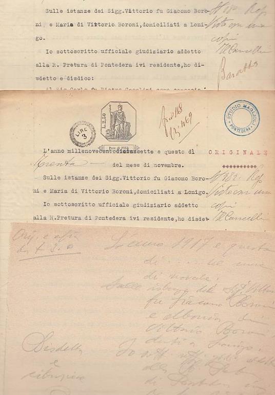 Documenti Su Carta Bollata Aventi Ad Oggetto La Disdetta Di Contratti Colonici Sulle Istanze Dei Sigg. Vittorio Boroni E Maria Domiciliati A Lonigo Contro Antonio Falaschi Capoccia Rappresentante La Famiglia Colonica Che Lavorava Una Dei Poderi Detti - copertina