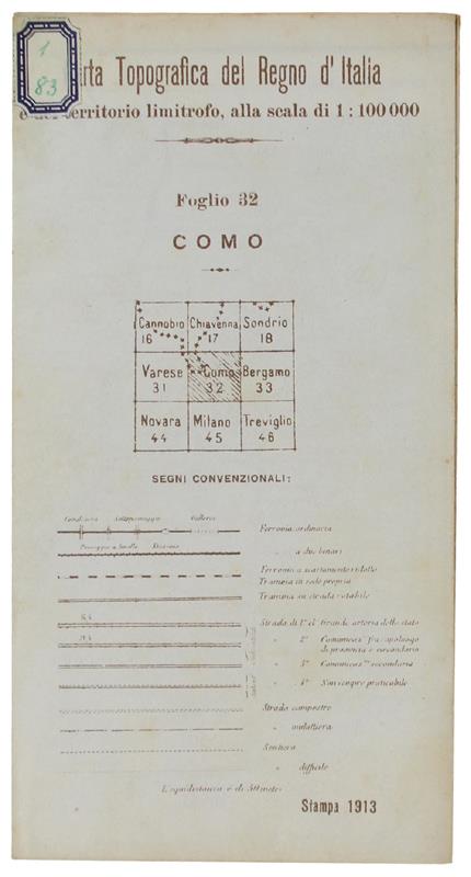 COMO. Foglio 32 della Carta Topografica del Regno d'Italia e del territorio limitrofo, alla scala di 1:100.000. - Istituto Geografico Militare - I.G.M. - 1913 - copertina