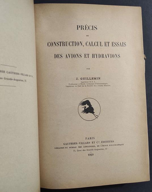 Precis de Construction Calcul et Essais des Avions et Hydravions - J. Guillemin - 1929 - copertina