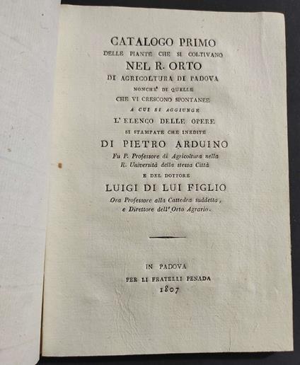 Catalogo Primo Piante che si Coltivano nel R. Orto Agrario di Padova - Penada - 1807 - copertina