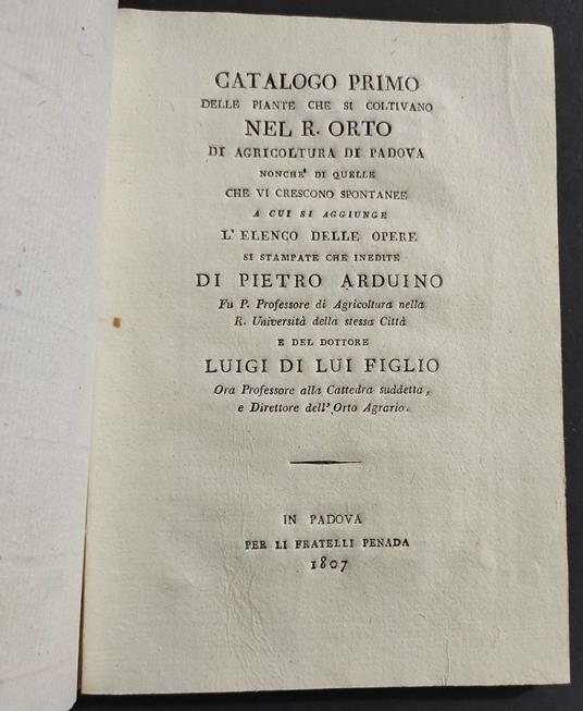 Catalogo Primo Piante che si Coltivano nel R. Orto Agrario di Padova - Penada - 1807 - copertina