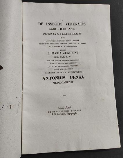 De Insectis Venenatis Agri Ticinensis - 1832 - Dissertatio Inauguralis - copertina