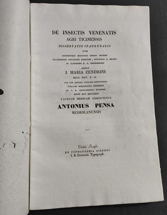 De Insectis Venenatis Agri Ticinensis - 1832 - Dissertatio Inauguralis - copertina