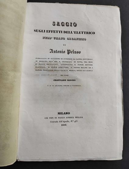 Saggio Sugli Effetti dell'Elettrico nell'Umano Organismo - A. Peluso - 1839 - copertina
