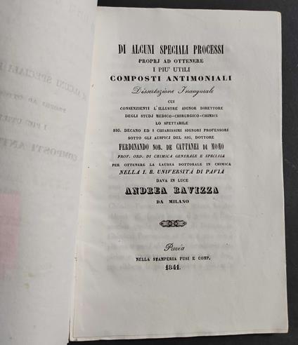 Di Alcuni Speciali Processi Propri ad Ottenere i Composti Antimoniali - 1841 - copertina