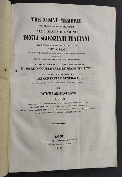 Tre Nuove Memorie del Dottore Agostino Bassi di lodi - 1844 - copertina