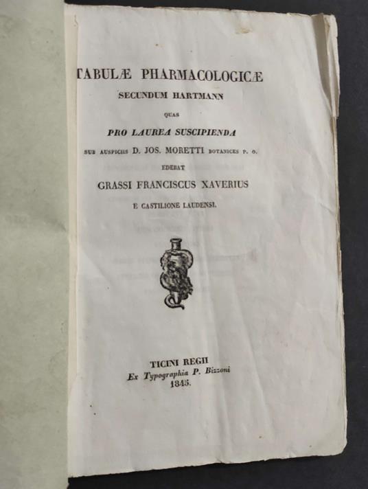 Tabule Pharmacologicae Secundum Hartmann Quas Pro Laurea Suscipinda - 1845 - copertina