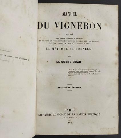 Manuel du Vigneron Expose La Méthode Rationelle par Le Comte Odart - 1861 - copertina
