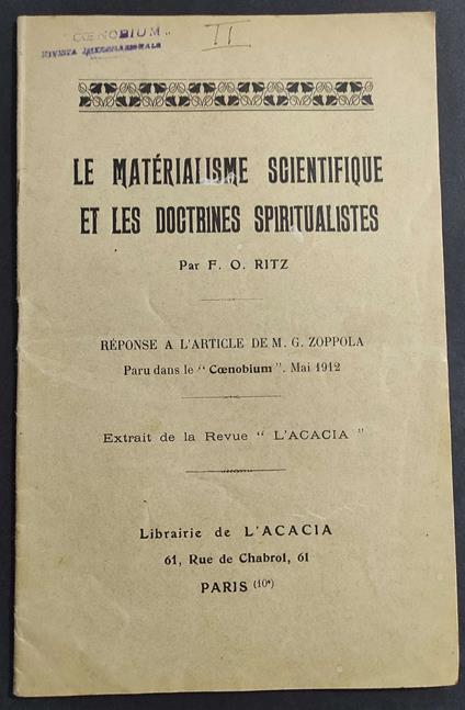 Le Materialisme Acientique et Les Doctrines Spritualistes - F. O. Ritz - 1912 - copertina