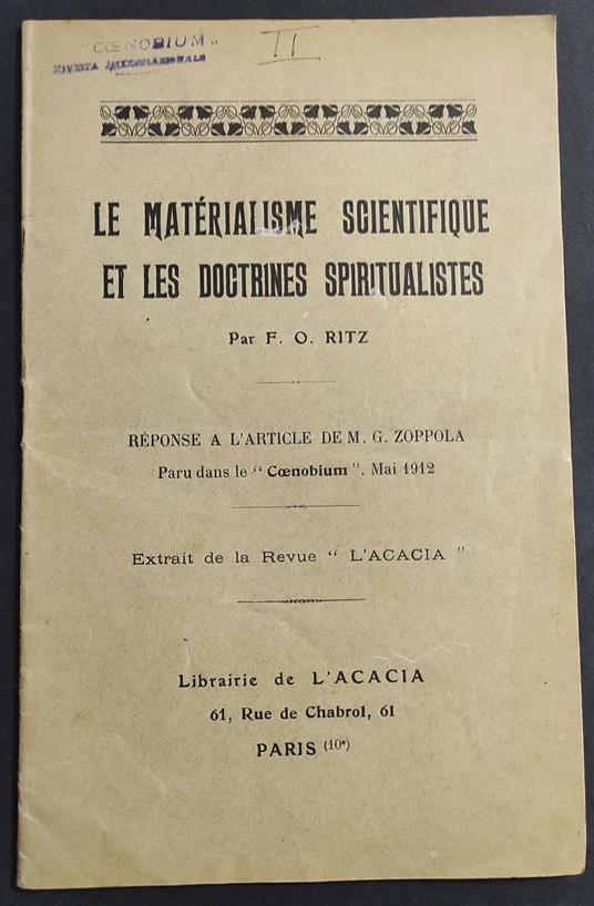Le Materialisme Acientique et Les Doctrines Spritualistes - F. O. Ritz - 1912 - copertina