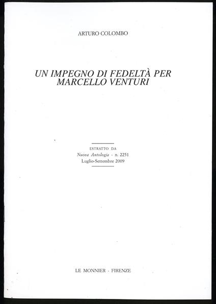 Un impegno di fedeltà per Marcello Venturi - Arturo Colombo - copertina