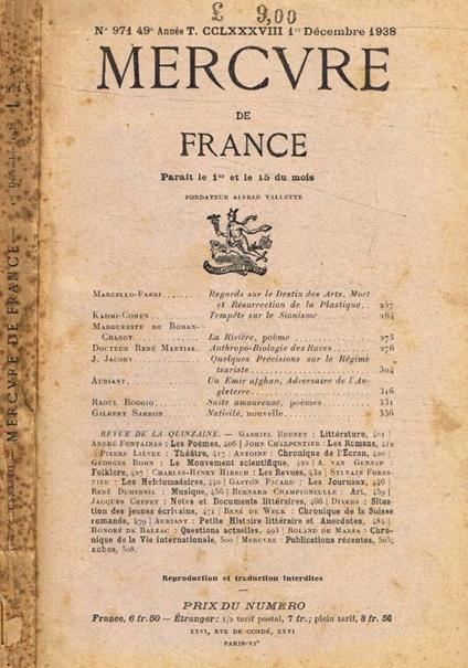 Mercure de France n.971, décembre 1938 - copertina