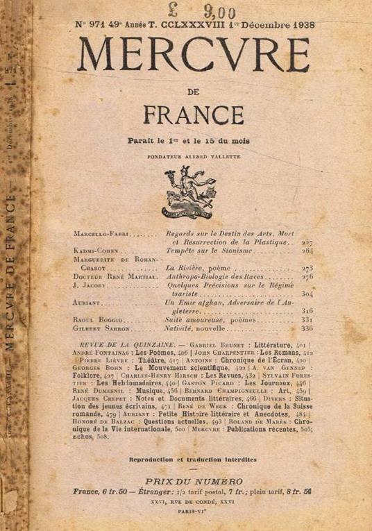 Mercure de France n.971, décembre 1938 - copertina