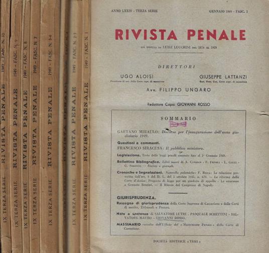 Rivista penale n. dal n. 1 al n. 10 Anno 1949 - copertina
