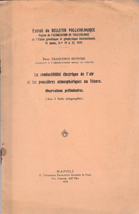 La conductibilitè electrique de l'air et les poussieres atmospherique eu Vesuve - copertina