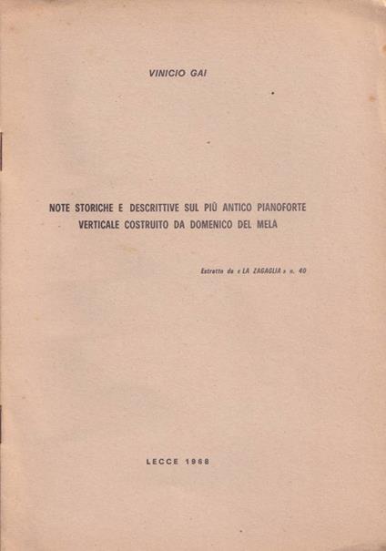 Note storiche e descrittive sul più antico pianoforte verticale costruito da Domenico del Mela - copertina
