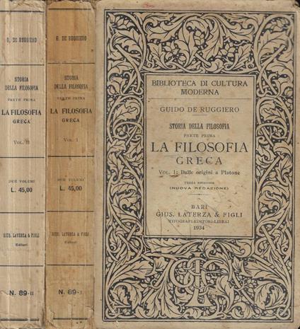 La Filosofia greca Parte I- Vol. I,II - Guido De Ruggiero - copertina