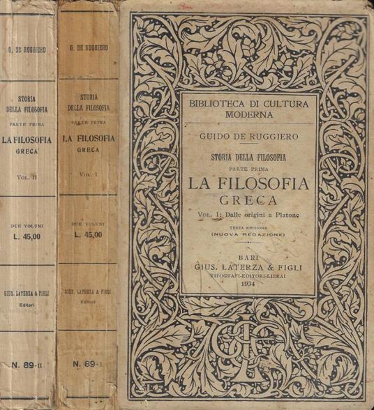 La Filosofia greca Parte I- Vol. I,II - Guido De Ruggiero - copertina