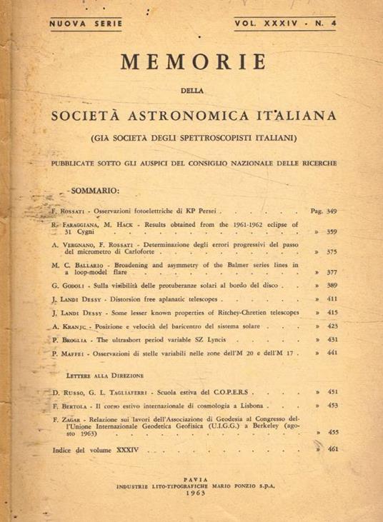 Memorie della società astronomica italiana n.4, 1963 - copertina