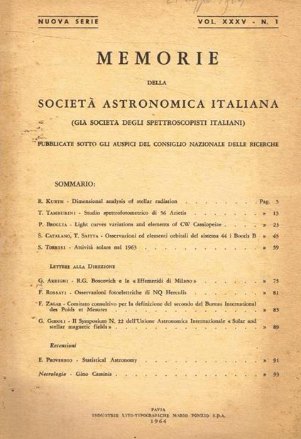 Memorie della società astronomica italiana n.1, 1964 - copertina
