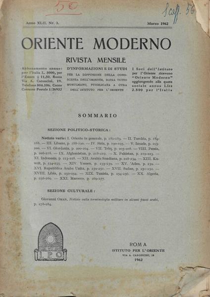 Oriente moderno n. 3 Anno 1962 - copertina