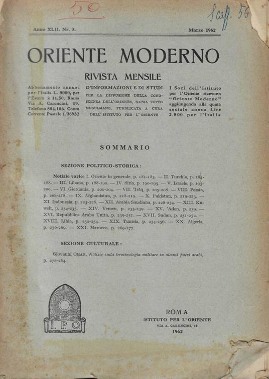 Oriente moderno n. 3 Anno 1962 - copertina