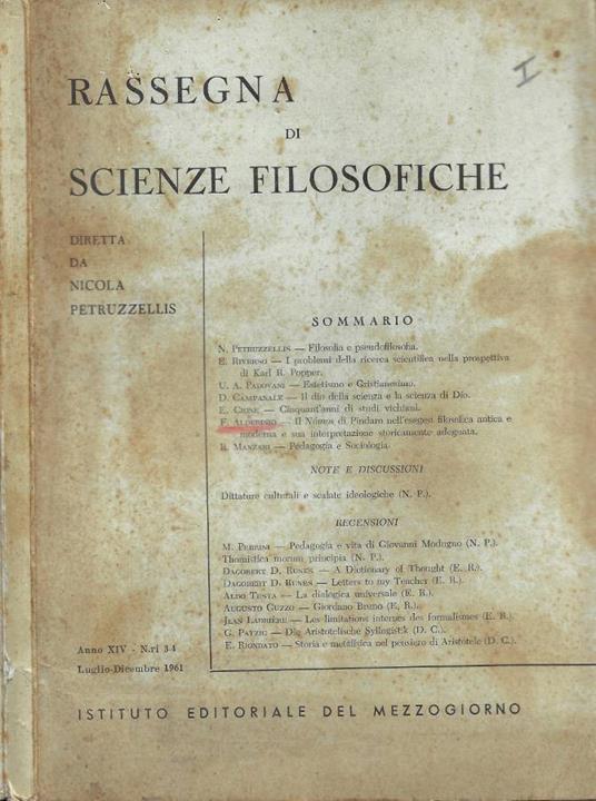 Rassegna di Scienze Filosofiche - Anno XIV - N.ri 3-4 - Luglio-Dicembre 1961 - copertina