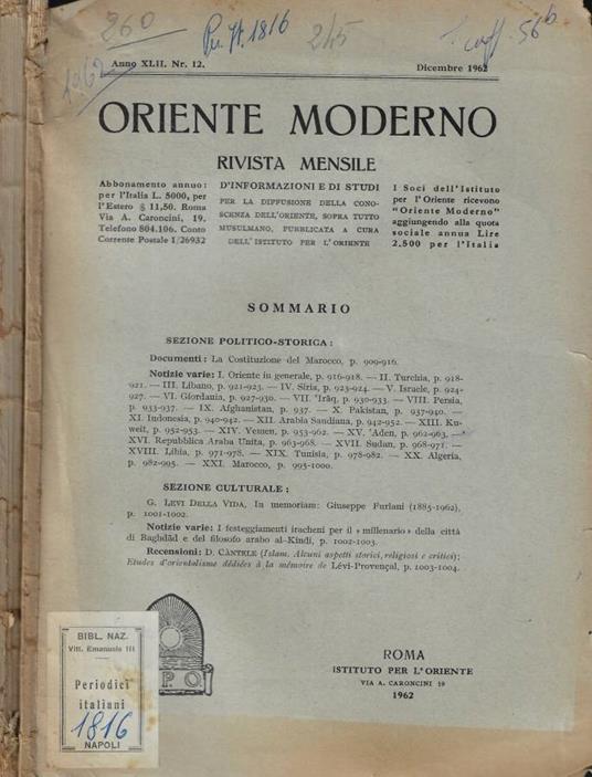Oriente moderno n. 1-2/12 Anno 1962 - copertina
