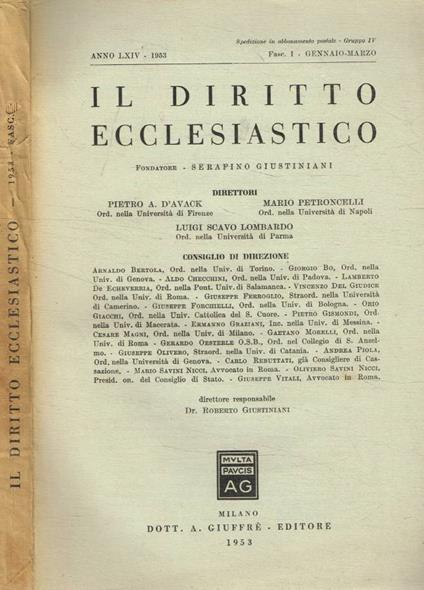 Il diritto ecclesiastico fasc.I, gennaio-marzo 1953 - copertina