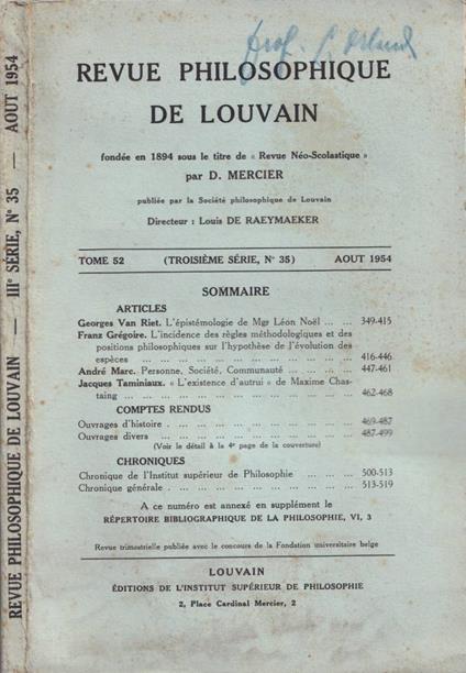 Revue philosophie de Louvain, tomo 52, agosto 1954 - copertina