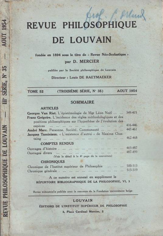 Revue philosophie de Louvain, tomo 52, agosto 1954 - copertina