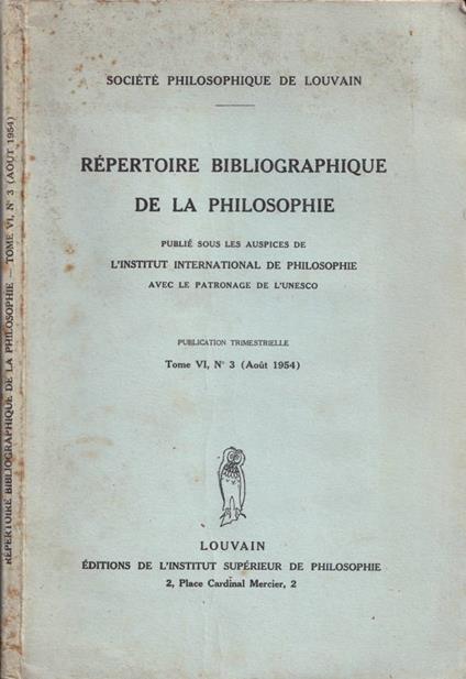 Répertoire bibliographique de la philosophie, tomo VI, n. 3, 1954 - copertina