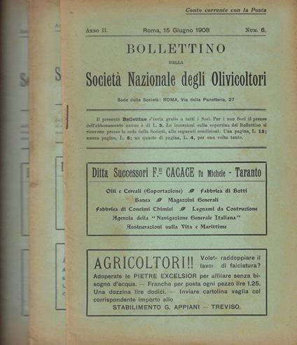 Bollettino della Società Nazionale degli Olivicoltori n. 6-7-8 Anno 1908 - copertina
