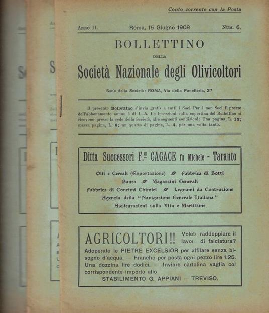 Bollettino della Società Nazionale degli Olivicoltori n. 6-7-8 Anno 1908 - copertina