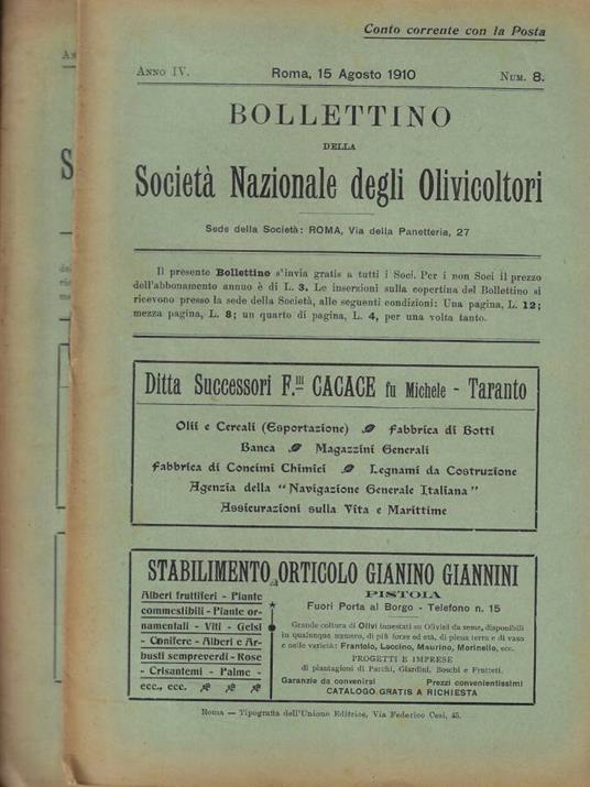 Bollettino della Società Nazionale degli Olivicoltori n. 8-12 Anno 1910 - copertina