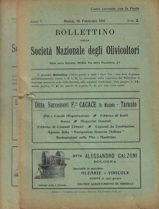 Bollettino della Società Nazionale degli Olivicoltori n. 2-3 Anno 1911 - copertina