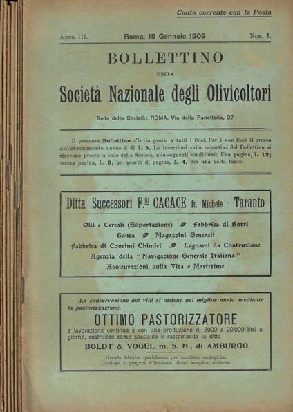 Bollettino della Società Nazionale degli Olivicoltori Anno 1909 - copertina