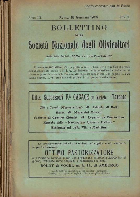 Bollettino della Società Nazionale degli Olivicoltori Anno 1909 - copertina
