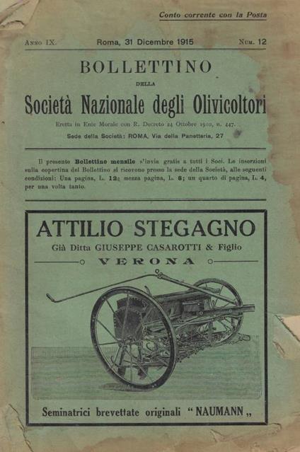 Bollettino della Società Nazionale degli Olivicoltori n. 12 Anno 1915 - copertina
