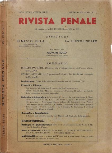 Rivista Penale - Anno LXXXIII - Terza Serie - Gennaio 1958 - Fasc. N. 1 - copertina