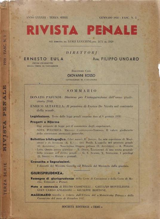 Rivista Penale - Anno LXXXIII - Terza Serie - Gennaio 1958 - Fasc. N. 1 - copertina
