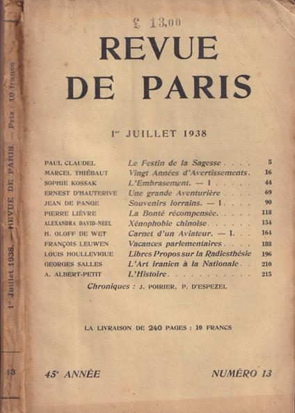 Revue de Paris, anno 45°, n. 13, 1938 - copertina