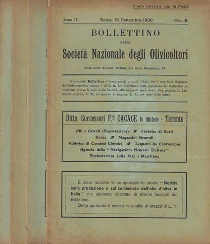 Bollettino della Società Nazionale degli Olivicoltori n. 9-10-11-12 Anno 1908 - copertina