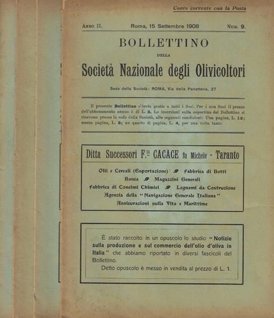 Bollettino della Società Nazionale degli Olivicoltori n. 9-10-11-12 Anno 1908 - copertina